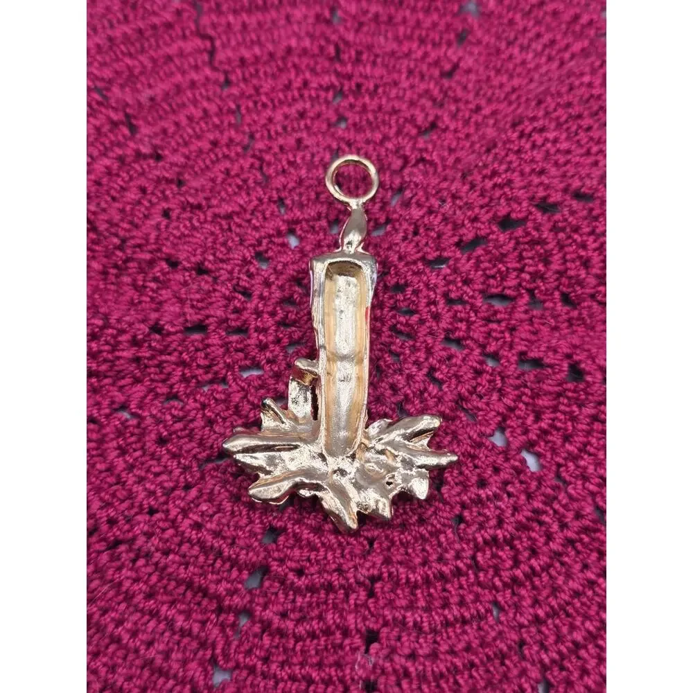 Vintage Enamel Christmas Candle Pendant Charm Gold Tone Holly Pinecone Holiday